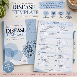 May include: A Clinical Optometry Disease Template study guide in PDF format. The cover features a phoropter illustration and the text Clinical Optometry Disease Template. The interior page displays a structured layout for Age-related Macular Degeneration.
