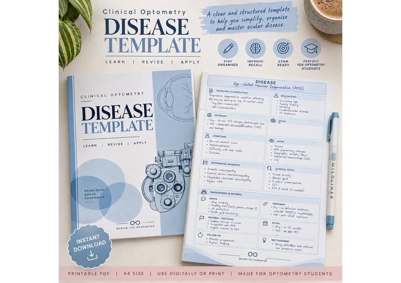 May include: A Clinical Optometry Disease Template study guide in PDF format. The cover features a phoropter illustration and the text Clinical Optometry Disease Template. The interior page displays a structured layout for Age-related Macular Degeneration.