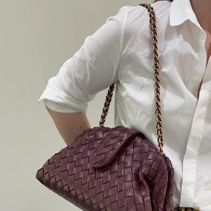 Woven Lambskin Leather Evening Clutch: Gold Chain Party Bag