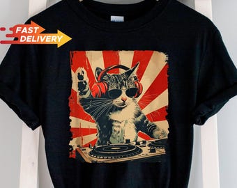 Cool DJ Cat T-shirt, Retro DJ Cat Shirt, Trendy Cat Graphic Shirt, Funny Cat With Headphones Shirt, DJ Cat Kitty Sweatshirt, Dj Cat Hoodie