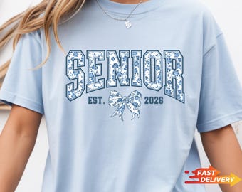 Senior 2026 Shirt, Blue Floral Bow, Coquette Sweatshirt, Blue Floral Toile Jouy Bow Senior Sweater, Senior 2026 Bow Shirt, Senior Gifts