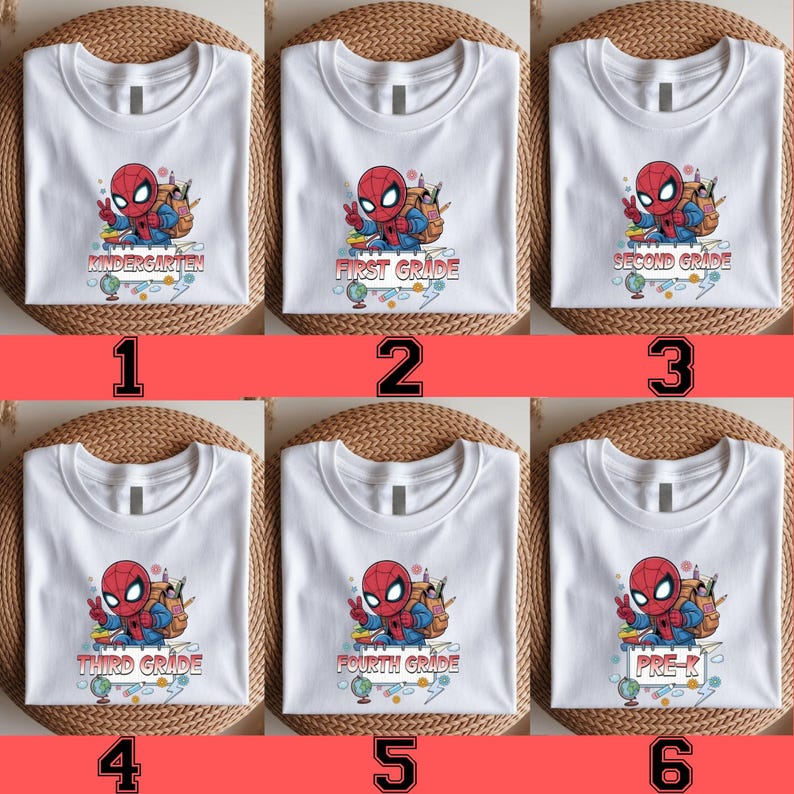 May include: A collection of six white t-shirts, each featuring a graphic of a cartoon superhero wearing a backpack and making a peace sign. Below the character, text indicates different school levels: Kindergarten, First Grade, Second Grade, Third Grade, Fourth Grade, and Pre-K, accompanied by small illustrations of a globe, pencils, and books.