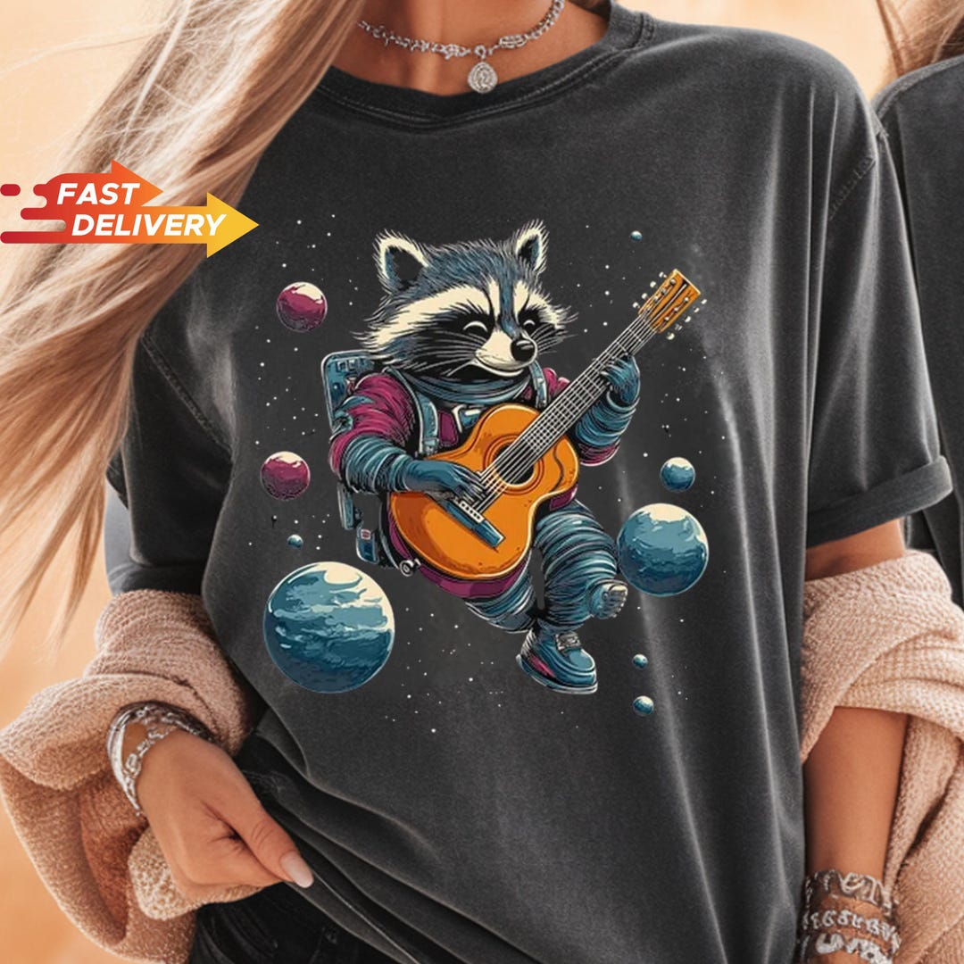 Cosmic Raccoon Rocker – Comfort Colors Black T-shirt, Space Guitar ...