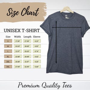 May include: A dark heather grey short-sleeve t-shirt on a hanger next to a size chart. The chart lists sizes S through 3XL with width, length, and sleeve measurements in inches. The text reads Size Chart, Unisex T-Shirt, and Premium Quality Tees.