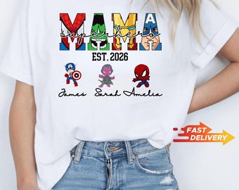Personalized Superhero Mama Shirt, Custom Mom Tee, Superhero Family Shirt, Custom Name Mom Gift, Est 2026 Shirt, Funny Mom Gift, Mama Shirt