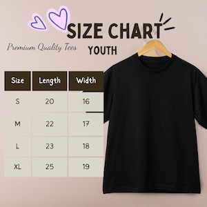 May include: A black t-shirt hanging on a wooden hanger next to a size chart titled SIZE CHART YOUTH. The chart lists sizes S, M, L, and XL with corresponding length and width measurements in inches. Two purple heart icons are at the top left corner.