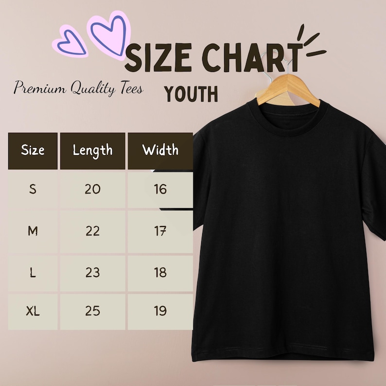 May include: A black t-shirt hanging on a wooden hanger next to a size chart titled SIZE CHART YOUTH. The chart lists sizes S, M, L, and XL with corresponding length and width measurements in inches. Two purple heart icons are at the top left corner.