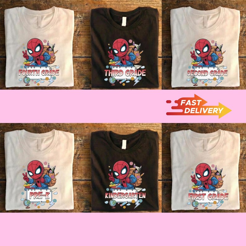 May include: A collection of six t-shirts in white and dark brown featuring a graphic of a cartoon superhero character with a backpack and school supplies. Each shirt displays different text including Pre-K, Kindergarten, First, Second, Third, and Fourth Grade.