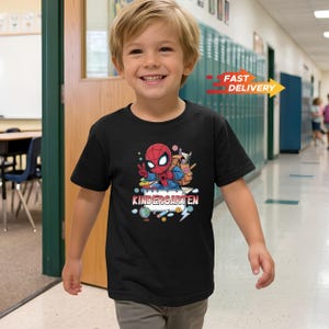 Spider Kindergarten Shirt, Superhero Back to School Tee, Custom Boys First Day of School Outfit, Cute Toddler Spidey Kindergarten Gift image 1