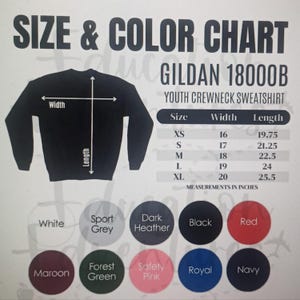 May include: A Gildan 18000B youth crewneck sweatshirt size and color chart. The graphic displays a black sweatshirt silhouette with width and length arrows, a table listing sizes XS to XL with measurements in inches, and ten color circles.