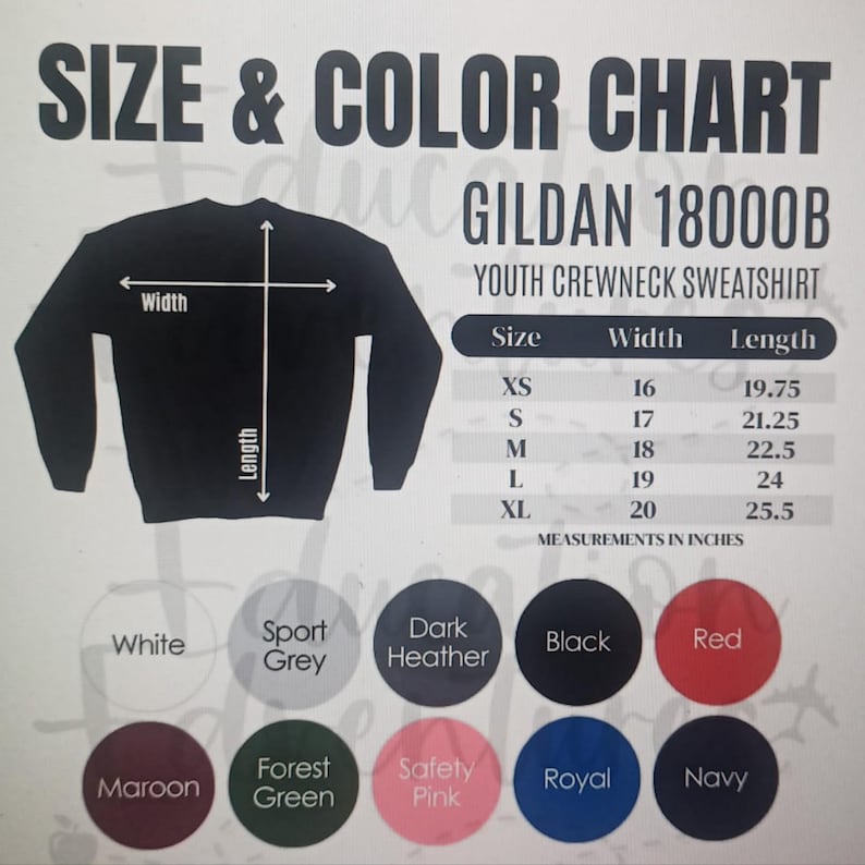 May include: A Gildan 18000B youth crewneck sweatshirt size and color chart. The graphic displays a black sweatshirt silhouette with width and length arrows, a table listing sizes XS to XL with measurements in inches, and ten color circles.