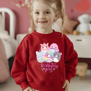May include: A red sweatshirt featuring a graphic of several cartoon characters and the text "Birthday girl". The design includes a unicorn, cat, and other colorful creatures. The sweatshirt is worn by a young girl.