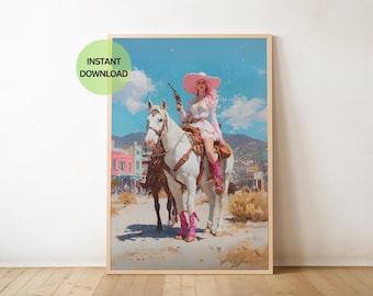 Cowgirl glamour en affiche numérique imprimable cheval d'équitation rose, art mural chic rose, peinture à l'huile preppy, téléchargement Wallart country