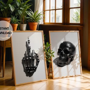 Può includere: Due stampe artistiche incorniciate. Una presenta una mano scheletrica metallica che fa il dito medio. L'altra stampa mostra un teschio a sfera da discoteca nero. Entrambe le stampe sono in cornici di legno.