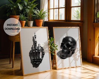 Juego de 2 impresiones de arte de pared con calavera negra de dedo medio, estilo emo gótico, póster digital espeluznante, estilo retro punk, alternativa, imprimible, macabro, Halloween.