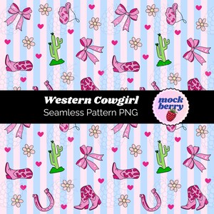 Coquette Cowgirl Seamless Pattern PNG Pink Boots Girly Striped Sublimation Design Retro Boho Western Cowboy Digital Cute Cottage Core Repeat