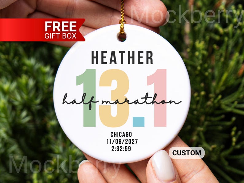 Half Marathon Ornament Personalized Name & Race Running Marathon Achievement Customizable Christmas Keepsake Gift for Marathon Finishers image 1