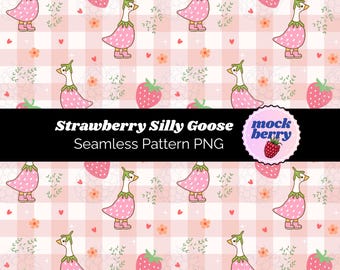 Strawberry Silly Goose Seamless Pattern PNG Coquette Cottagecore Digital Cute Fruit Retro Repeat Print Pink Boho Girly Gingham Background