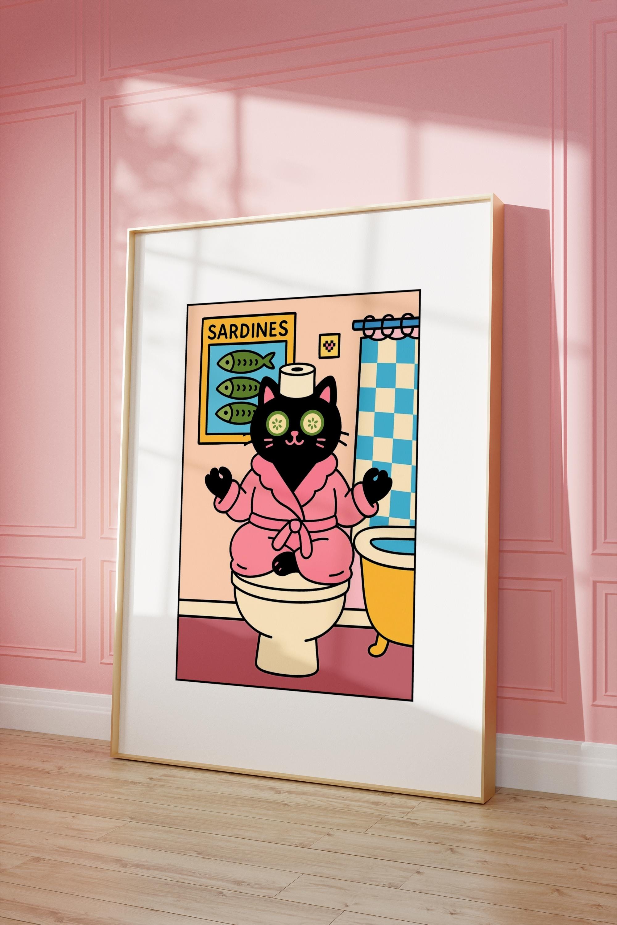 Funny Cat Bathroom Wall Art Black Cat on Toilet Wallart Print Cute ...