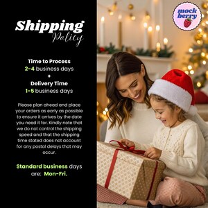 May include: A woman and a child are opening a gift box. The box is wrapped in patterned paper and tied with a red ribbon. The child is wearing a Santa hat. The background includes a Christmas tree and a fireplace. The image also includes the text "Shipping Policy".