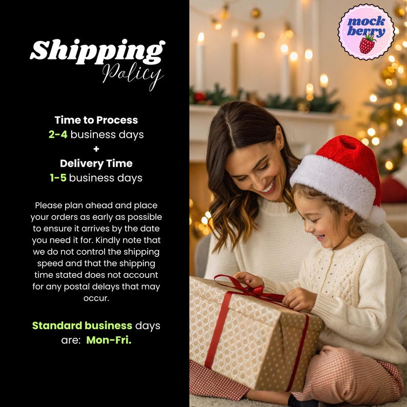 May include: A woman and a child are opening a gift box. The box is wrapped in patterned paper and tied with a red ribbon. The child is wearing a Santa hat. The background includes a Christmas tree and a fireplace. The image also includes the text "Shipping Policy".