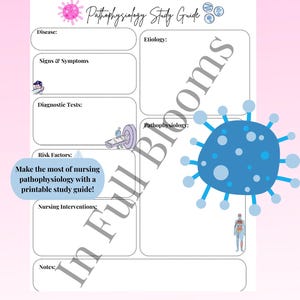 May include: A printable study guide for nursing pathophysiology. The guide includes sections for disease, etiology, signs & symptoms, diagnostic tests, risk factors, nursing interventions, and notes. The guide has a pink and white background with blue and pink graphic elements.