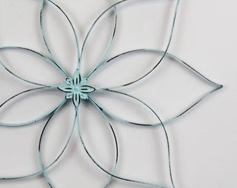 Rustic Turquoise Flower Metal Wall Decor Home Office Cabin Shabby Chic Decor 