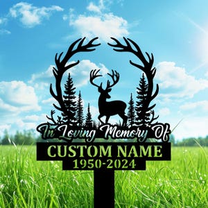 Personalized Hunter Dad Memorial Metal Sign, Custom Deer Antler Grave Marker For Outdoorsman Tribute , Buck and Forest Scene.
