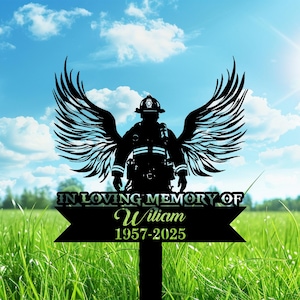 Custom Fireman with Wings Memorial, Firefighter Memorial Plaque with Stake, Firefighter Grave Maker, Fireman Cemetery, Firefighter Memorial