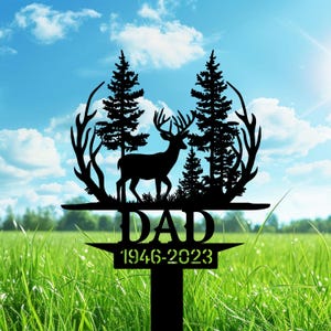 Personalized Deer Hunter Grave Marker For Dad, Antlers And Forest Scene, Custom Memorial Metal Sign, Outdoor Hunting Cemetery Tribute Decor.