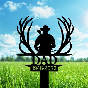 Personalized Hunter Dad Grave Marker With Deer Antlers, Metal Memorial Sign For Outdoorsman Tribute, Outdoor Cemetery Hunter Tribute.
