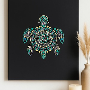 Aqua Turtle Dot Mandala Art – Hand Painted Spiritual Sea Turtle on Black Canvas – Ocean-Inspired Boho Wall Decor