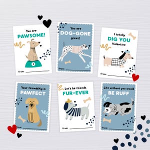 Tarjetas de San Valentín con perros para niños: tarjetas de San Valentín imprimibles para el aula con juegos de palabras sobre cachorros.
