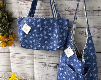 Sac floral bleu, sac hobo en coton fait main, sacs fourre-tout
