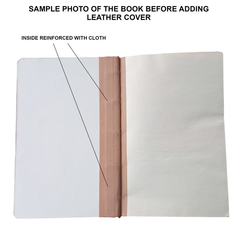 Puede incluir: Un libro abierto con p&aacute;ginas blancas en blanco, que muestra el interior reforzado con tela. El texto en la parte superior dice "SAMPLE PHOTO OF THE BOOK BEFORE ADDING LEATHER COVER". La tela es de color marr&oacute;n claro.