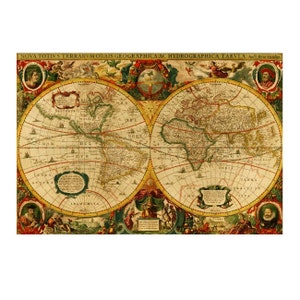 May include: An antique world map with a vintage aesthetic. The map is printed on paper and features a detailed depiction of the continents and oceans. The map is surrounded by a decorative border with images of people and animals.