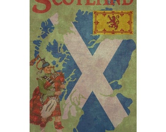 May include: A vintage-style illustration of Scotland with a map of the country overlaid with the Scottish flag. The flag features a white X on a blue background with a red lion on a yellow field in the upper left corner. A man in a kilt and a tam o' shanter plays the bagpipes.