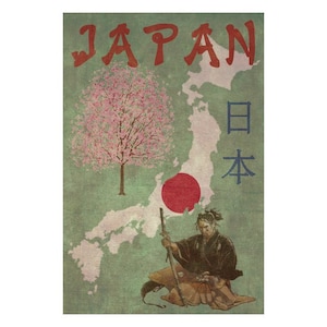 Op de afbeelding: Een vintage poster met een groene achtergrond met een kaart van Japan, een kersenbloesemboom, een rode cirkel en een samoerai die een zwaard vasthoudt. De poster bevat ook de tekst "JAPAN" en "日本" in het Japans.