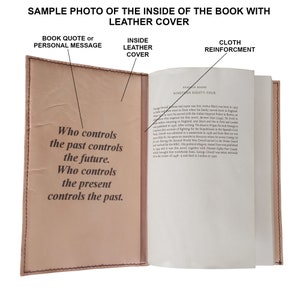 Puede incluir: Libro abierto con cubierta de cuero, que muestra texto en la p&aacute;gina izquierda: "Quien controla el pasado controla el futuro. Quien controla el presente controla el pasado." La p&aacute;gina derecha muestra texto impreso. El libro es de color canela con refuerzo de tela.