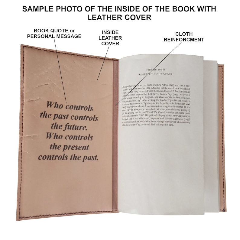Puede incluir: Libro abierto con cubierta de cuero, que muestra texto en la p&aacute;gina izquierda: "Quien controla el pasado controla el futuro. Quien controla el presente controla el pasado." La p&aacute;gina derecha muestra texto impreso. El libro es de color canela con refuerzo de tela.
