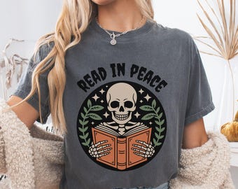 Gothic Skeleton Reading Shirt, Book Lover Halloween Gift, Retro Bookish Tee, Goth Bookworm Skull Tshirt, Spooky Librarian Graphic T-shirt