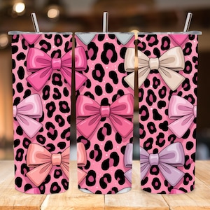 Coquette luipaard strik beker wrap: roze glitter sublimatie ontwerp (digitale png-download)