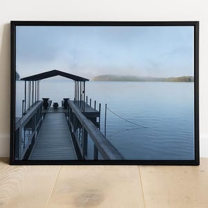 Peaceful Morning Lake Dock Print – Serene Waterscape Photography for Home or Cabin Decor