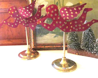 Two Vintage Angel Brass and Red Enamel Candlesticks, Pair of Christmas Angels, Mantel Decor,