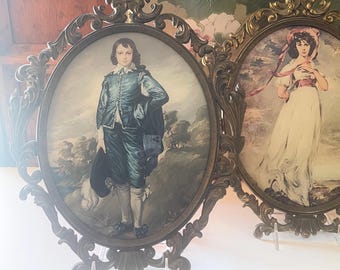 Vintage Italian Large Set of Two Florentine Frames, Lithographs "Blue Boy" and "Pinkie", Wall Gallery Decor, Cast Metal Frames, Convex Glass