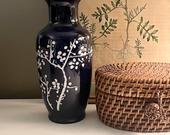 Vintage Chinoiserie Blue and White Vase, Cherry Blossom Floral Porcelain, Japanese Decorative Home