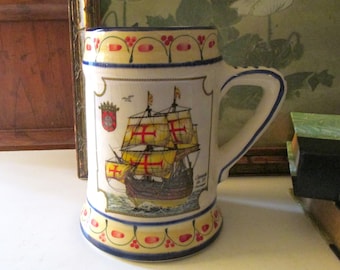 Vintage Hand Painted Oversize Stein, Clipper Ship, Portugal Vase, Caravel Portuguese Sailing Ship,