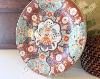 Vintage Hand Painted Oriental Decorative Plate, Imari Teal, Peach, Coral Red Chinoiserie Chic Decor, Macau Pottery
