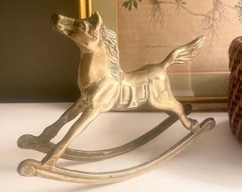 Vintage Brass Rocking Horse Figurine, Nursery Holiday Decor, Horse Sculpture
