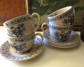 Four Johnson Brothers England Vintage "Sugar and Spice" Blue Cups and Saucers, 1970's Boho Chic Ironstone, Owl Motif, Whimsical China